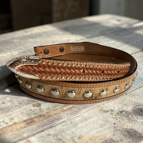 Ranger Belt Co Basket Weave Hair On Hide Studded Brown Leather Belt No Buckle 32 main image 13
